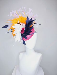 The Hat Doctor From the 2024 Featured Milliner of the Kentucky Derby Museum  kentucky derby hat fascinator hot pink sinamay with navy blue, white ivory, apricot orange yellow, and lavender purple branching feathers headband attachment each hat is totally one of a kind! no two are alike! I can probably add feathers, flowers etc to existing hats for a small fee. I cannot remove anything from existing hats. Just message me and see if we can make it work! :) I cannot make custom order from scratch. Multicolor Feathered Fascinator For Kentucky Derby, Multicolor Feather Fascinator For Kentucky Derby, Yellow And Lavender, Easter Hat, Apricot Orange, Derby Hats Fascinators, Easter Hats, Hat Fascinator, Feather Headband