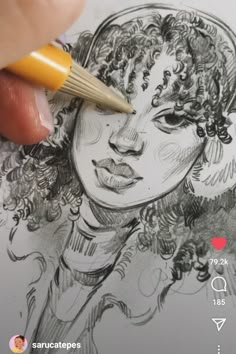 a pencil drawing of a woman's face with curly hair