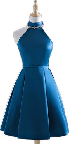 Homecoming Dresses Satin, Halter Neck Prom Dress, Royal Blue Homecoming Dresses, Beading Dress, Istoria Modei, Dresses Satin, Blue Homecoming Dresses, Beaded Prom Dress, Short Homecoming Dress