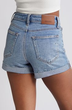 Enjoy the sunshine in stretch-denim shorts fashioned with a high waist and cuffed raw hems for a casual-cool feel. 4" inseam; 11 1/2" front rise Zip fly with button closure Five-pocket style 93% cotton, 5% polyester, 2% spandex Machine wash, tumble dry Imported Everyday Cotton Jean Shorts With Frayed Hem, Trendy Jean Shorts For Everyday, Casual Rolled Hem Cutoff Jean Shorts, Casual Cutoff Jean Shorts With Rolled Hem, Casual Jean Shorts With Rolled Hem For Spring, Spring Everyday Cutoff Jean Shorts, Summer Frayed Hem Shorts For Everyday, Summer Shorts With Frayed Hem For Everyday, Everyday Cutoff Jean Shorts With Frayed Hem