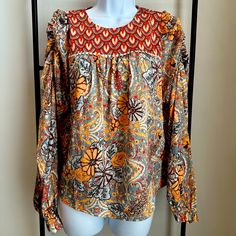 This Is A Gorgeous Lightweight Top From Thml. Size Small Fall Orange Tops With Vibrant Print, Orange Blouse With Vibrant Print For Spring, Spring Orange Tops With Colorful Pattern, Orange Long Sleeve Top With Boho Print, Orange Long Sleeve Bohemian Blouse, Casual Orange Blouse With Vibrant Print, Bohemian Orange Printed Blouse, Bohemian Orange Tops With Vibrant Print, Orange Bohemian Top With Colorful Pattern