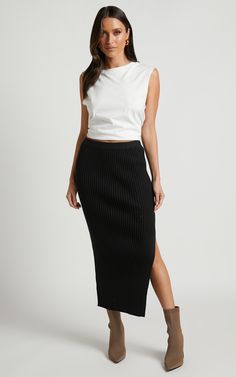 Andalucia Midi Skirt - Ribbed Side Split Skirt in Black | Showpo USA Chic Ribbed Maxi Skirt For Spring, Chic Ribbed Long Skirt, Chic Long Ribbed Skirt, Summer Ribbed Midi Skirt, Spring Ribbed Stretch Maxi Skirt, Ribbed Stretch Midi Skirt, Fitted Ribbed Maxi Skirt For Spring, Spring Stretch Ribbed Maxi Skirt, Spring Ribbed Pencil Skirt