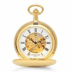 PRODUCT DESCRIPTIONGive him a unique personalized gift he will be proud to wear, with this Charles Hubert gold-plated pocket watch and matching 12' chain. This watch is designed with dual-opening covers that create a stand for desk or night table, and the front can be engraved with up to 3 initials on the smooth shield. Inside the watch is a clear skeleton dial with white chapter ring, black Roman numerals and hands, and a view to the watch's inner 17-jewel mechanism. This pocket watch comes pac Luxury Gold Pocket Watch With Subdials, Classic Self-winding Watch As Gift, Classic Self-winding Watches Gift, Classic Self-winding Watches As Gift, Timeless Self-winding Watch Accessories As Gift, Classic Gold Pocket Watch With Skeleton Dial, Classic Gold Self-winding Watch Accessories, Collectible Gold Pocket Watch With Skeleton Dial, Timeless Engraved Gold Watch Accessories