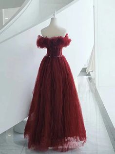 Wine Red Tulle Sequins Long Off Shoulder Party Dress Elegant Christmas Tulle Dress, Elegant Red Tulle Evening Dress, Red Strapless Tulle Dress, Burgundy Ball Gown Evening Dress For Party, Fitted Tulle Christmas Dress, Elegant Red Tulle Gown, Red Evening Dress For Christmas Banquet, Christmas Prom Gown Fitted, Red Christmas Evening Dress For Banquet