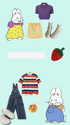 an assortment of children's clothing and shoes on a blue background