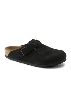 The perfect shoe for all seasons, these Birkenstock Boston Suede Soft Footbed Clogs for Women in Black are ones you will never get tired of. Arch support, soft footbed, and a clog design are some of the features that make up this fashion staple footwear. Get yours for the upcoming seasons! Features: Birkenstock Style: 660473 Color: Black Signature clog design Regular fit Soft Footbed Suede footbed lining and upper Natural leather insole EVA outsole Cork footbed Arch support Adjustable strap with metal buckle Birkenstock branded logo on inner shaft, footbed, and buckle European sizing Imported Want some more information about the must have casual shoe? Check Out our Blog! Wondering about the size conversion between women’s, men’s and youth Birkenstocks? Check out our Birkenstock Size Conver Boston Soft Footbed, Black Birkenstock, Birkenstock Style, Black Clogs, Cozy Socks, Birkenstock Boston, Eva Sole, Socks And Sandals, Leather Clogs