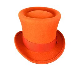 Orange felt top hat. Crown shapped in pork pie style. Edwardian top hat ideal for special occasions such as weddings, cocktails or parties. You can make your hat with your favorite color by choosing it from my Wool felt color card. Measurements in centimeters are 31 x 25. Crown height 15. Brim length 5. These measurements may have some slight variation depending on the size of the hat. The end of the brim is reinforced inside with a fine wire covered with cotton thread to always have the hat in Classic Fitted Top Hat For Party, Formal Fitted High Crown Felt Hat, Formal Fitted Felt Hat With High Crown, Classic Fitted Felt Top Hat, Fitted Felt Top Hat With Short Brim, Classic Fitted Top Hat In Felt, Classic Red Formal Felt Hat, Formal Red Fitted Felt Hat, Classic Red Felt Hat For Formal Occasions