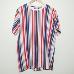 San Francisco Work Shirts Multi Color Stripe Retro T-Shirt Sz: Xl Measurements: 22" Pit To Pit, 19" Long From Armpit Down Material: 100% Cotton Condition: New With Tags, Tiny Discolored Spot On Front Blue Stripe (See Last Photo) Casual Short Sleeve T-shirt With Vertical Stripes, Casual Cotton Tops With Vertical Stripes, Cotton Tops With Vertical Stripes And Short Sleeves, Casual Blue Shirt With Vertical Stripes, Blue Crew Neck Top With Vertical Stripes, White Casual T-shirt With Vertical Stripes, Casual White T-shirt With Vertical Stripes, Casual Summer T-shirt With Vertical Stripes, Casual Vertical Stripes T-shirt For Summer