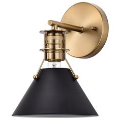 a brass and black wall light with an open bulb on the side, against a white background