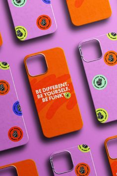 an assortment of cell phone cases with stickers on them, including one that says be different but yourself be funky