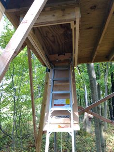 a ladder is attached to the side of a wooden structure in the middle of trees