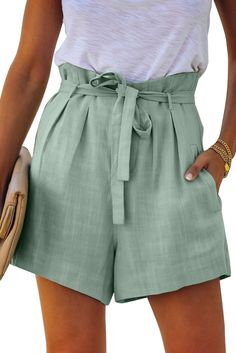 Green Tie Waist Casual Shorts with Pockets Green Bottoms With Pockets For Day Out, Green Tie Waist Bottoms For Spring, Green High-waisted Shorts With Pockets, Green Paperbag Waist Bottoms With Belt Loops, Casual Short Belted Bottoms, Vacation Bottoms With Pockets And Paperbag Waist, Casual Belted Shorts For Summer, Green Belted Bottoms For Spring, Spring High-waisted Belted Shorts