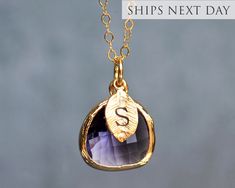 "This beautiful simulated amethyst necklace would be a perfect February birthstone birthday gift or for a wedding, anniversary, graduation, or any occasion. Click here to view the matching earrings: https://www.etsy.com/listing/736952660/amethyst-earrings-february-birthstone? The amethyst pendant is made of glass and is a gorgeous purple shade. It measures approximately 12.5x 16 mm and is hung on a 16\", 18\" or 20\" chain. The chain options include silver-plated, gold-plated, rose gold-plated, sterling silver, 14K gold-filled, or 14K rose gold-filled metal. The chains are dainty and very pretty - the perfect delicate necklace for everyday wear. The rose gold plated leaf charm is approximately .25 inches and is subtly stamped with an initial. The necklace can be purchased without the leaf Gold Amethyst Necklace For Wedding, Wedding Gold Necklace With Amethyst, Wedding Crystal Gemstone Necklaces, Crystal Necklace With Round Gemstone Pendant For Wedding, Wedding Crystal Necklace With Gemstone Round Pendant, Elegant Personalized Birthstone Necklace For Gift, Wedding Crystal Necklace With Round Gemstone Pendant, Gold Amethyst Jewelry Gift, Purple Gemstone Necklace For Wedding