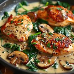 chicken with mushrooms and spinach in a white sauce