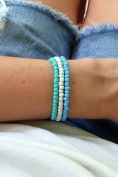 Stay in the Summer state of mind all year with these Ocean Blue bracelet stacks. Create your Vibe at jaycimay.com.    #jaycimay #summer #goodvibes #blue Bead Bracelet Stack, Tiny Bead Bracelet, Bracelet Stacks, Seed Bead Bracelet, Small Beads