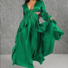 Ruffle Trim, Lace Up Backless Long Sleeves Maxi Dress In Beautiful Kelly Green Color. Nice And Soft Fabric Looks Like Satin But Has Horizontal Stretch. Elegant And Sexy! Sizes: S: #4 , Length: 54”, Bust: Lace Adjustable, Waist: 28” M: #6, Length: 56” , Bust: Lace Adjustable. Waist: 30” L: # 8/10, Length: 58” Bust: Lace Adjustable. Waist: 32” Long Sleeve Ruffled Maxi Dress For Date Night, Long Sleeve Maxi Dress With Ruffles For Date Night, Flowy Long Sleeve Satin Dress, Long Sleeve Satin Dress With Ruffles, Satin V-neck Maxi Dress With Ruffles, Satin Maxi Dress With V-neck And Ruffles, Satin Maxi Dress With Ruffles And V-neck, Green Long Sleeve Maxi Dress For Date Night, Long Sleeve Satin Maxi Dress For Summer