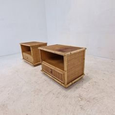 two wicker end tables sitting on top of a white floor next to each other