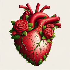 a drawing of a heart with roses and leaves on the inside, as if it were an organ