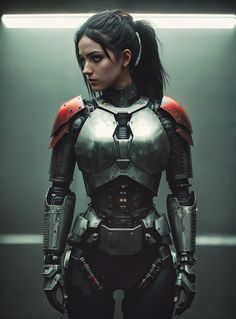 a woman dressed in futuristic armor standing with her hands on her hips