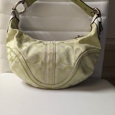 Brand New Vintage Coach Shoulder Bag Authentic Beautyful Light Green Color Vintage Green Coach Bag, Designer Green Bag With Zipper Closure, Green Bags With Silver-tone Hardware And Double Handle, Designer Bags For Spring Errands, Coach Green Bag For Daily Use, Green Coach Bag For Everyday Use, Designer Bags For Everyday Use In Spring, Green Coach Top Handle Shoulder Bag, Green Coach Tote Shoulder Bag