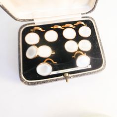 Rare And Beautiful Complete Set With Mother Of Pearl Centers And Gold Gilt Frames In Antique Original Box Antique Accessories, Mother Of Pearl, Cufflinks, Original Box, Mens Accessories, White Gold, Man Shop, Gold, White