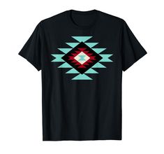 a black t - shirt with an image of a red, white and blue geometric design