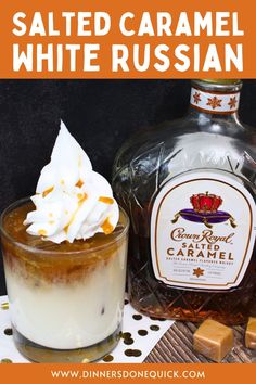 a bottle of caramel white russian with whipped cream on top