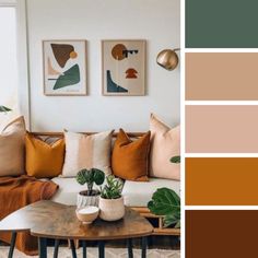 a living room filled with furniture and lots of color swatches in shades of brown, green