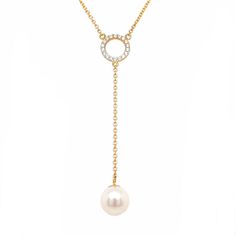 Diamond Necklace with Fresh Water Pearl 14 Karat Yellow Gold 18 Diamonds - 0.09 tctw 14K Yellow Gold Adjustable Chain: 17" - 18" Luxury White Gold Round Drop Necklace, Luxury Round White Gold Drop Necklace, Luxury Round Diamond Drop Necklace, Diamond Pearl Chain Necklace For Anniversary, Elegant Diamond White Necklace With Adjustable Chain, Formal Diamond Drop Necklace With Adjustable Chain, Elegant Yellow Gold Lariat Necklace With Round Pendant, Formal Yellow Gold Round Lariat Necklace, Elegant Gold Diamond Lariat Necklace