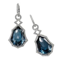 18k White Gold Gemstones: 2 Checkerboard Faceted London Blue Topaz, 42.00tcw Diamonds: Round Brilliant, 2.30tcw Luxury Dazzling Blue Topaz Jewelry, Luxury Octagon Topaz Jewelry, Imperial Topaz, Topaz Jewelry, Duchess Kate, Champagne Color, Drop Earring, London Blue Topaz, London Blue