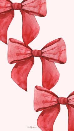 three red bows are tied together on a white background with watercolor paint and ink