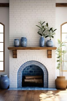 a living room with a fireplace and potted plants