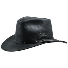 Brand new leather cowboy hat with wide ca.8 cm/3.15 inch brim. Made of genuine cattle leather (stiffened). There is a bendable metal wire in the external part of the brim. Hat with a leather sweatband inside and decorative leather belt as a band sewn down to the outside of the crown. On 1 side of the crown there are 3 ventilation eyelets. Crown height in the highest point is ca.13 cm/5.1 inch. Available in big xl and xxl sizes. Precise handmade craftsmanship from Sterkowski's family-run workshop Cowboy Man, Cowboy Hat Bands, Leather Cowboy Hats, High Plains Drifter, Outback Hat, Safari Hat, Chapeau Cowboy, Western Hat, Western Cowboy Hats