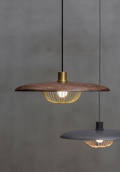 two pendant lights hanging from the ceiling in an industrial style room with grey walls and wooden flooring