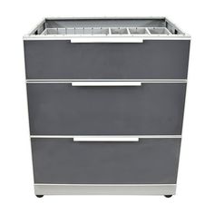 a gray and white filing cabinet with three drawers