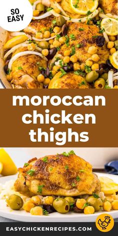 chicken thighs in a skillet with lemons and onions on the side text reads moroccan chicken thighs