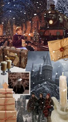 the collage has many different pictures and things to see on it, including a harry potter theme