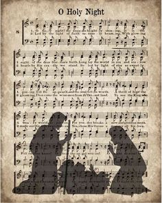 an old sheet music with the silhouettes of two people sitting on top of it