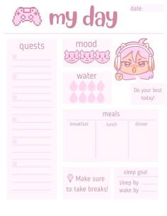 Daily Planner Printable Kawaii Gamer Girl, Instant PDF Download, Daily Agenda, Schedule Planner, Printable Planner - Etsy Creative Planner Ideas, Stuff To Print, Daily Planner Aesthetic, Cute Daily Planner Template, Gamify Your Life, Planer Ideas, Daily Planner Ideas, Cute Digital Planner, Cute Layout