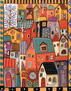 a painting with many houses on it