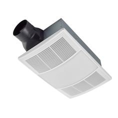 a white ceiling mounted exhaust fan with a black plastic cone on the front and side