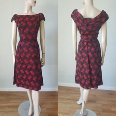 "Vogue Special Design" label  S i z e : small 15 1/2" to 16" shoulder to shoulder edge, 37" bust, 27" waist, 37" hips, 16" shoulder to waist, 26" waist to hem.  * a sophisticated floral brocade design of what feels like rayon acetate in red on black * slightly off shoulder sleeves are pleated * front of dress is shapely and smooth, back of dress has back drape and pleating * unlined, side metal zipper  C o n d i t i o n : good wearable, moderately worn - the bottom of the zipper placket the seams have come loose on both sides about 1" each, and need to be re-stitched. 50s Dinner, Dress With Back Detail, Off Shoulder Sleeves, Zipper Placket, Design Label, Dinner Dress, Metal Zipper, Special Design, Shoulder Sleeve