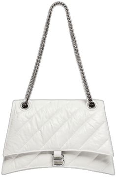 Chic Bags With Silver-tone Logo Plaque For Everyday Use, White Quilted Bag For Formal Occasions, Classic Silver Shoulder Bag With Chain Strap, Chic Leather Bag With Silver-tone Logo, Chic White Quilted Bag, Chic Rectangular Bags With Silver-tone Logo Plaque, Classic Silver Bag With Chain Strap, White Quilted Evening Bag, Leather Shoulder Bag With Silver-tone Logo For Everyday