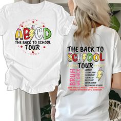 The Back To School Tour Shirt,ABCD Teacher Shirt,Teacher Gift, Back To School,First Day Of School Teacher Shirt,Teacher Team EXPLANATION * If you want to add or change anything to the existing design we show in the screenshot, please contact the seller via the message box.  * Please check the color and size tables for the type and size of t-shirt you want,  * If you enter the wrong address with your order, send us a message through the message box and we will try to help you only if the item has Band Merch Cotton Tops For School, School Cotton Tops With Band Merch Style, Cotton Band Merch Tops For School, School Tops In Cotton With Band Merch Style, School Band Merch Tops With Graphic Print, Band Merch Graphic Print Top For School, First Day Of School Teacher, Teacher Gift Back To School, School First Day