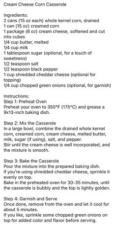 Cheese Corn Casserole, Cream Cheese Corn, Corn Casserole, Creamed Corn, Green Onions, Cheddar Cheese, Cheddar, Cream Cheese, Baked Dishes