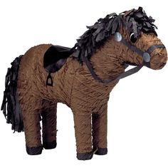 a toy horse that is brown and has black manes on it's head