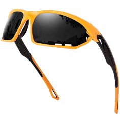 an orange pair of sunglasses with black frames