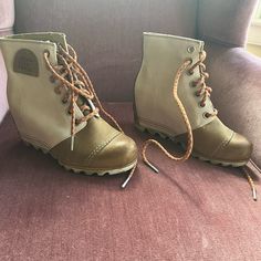 I Have Literally Never Worn These. Super Cute They Just Don’t Fit And I Wish They Did!! A Few Scuff Marks On The Toes But I Think It Makes Them Look More Broken In. Sorel Wedge, Sorel Wedges, Lace Up Booties, Sorel Womens, Sorel Shoes, Just Don, Bootie Boots, Things To Think About, Ankle Boots