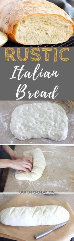 the process for making italian bread is shown in three different stages, including dough being rolled and uncooked