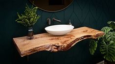 a bathroom sink sitting on top of a wooden counter next to a potted plant